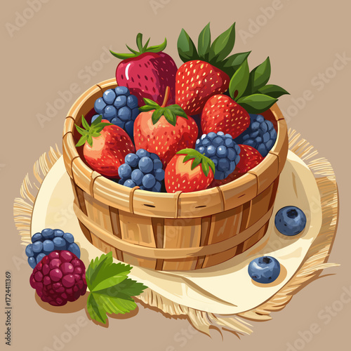 A rustic wooden basket filled with a mix of fresh strawberries, raspberries, blueberries, and blackberries on a linen cloth. Abundant, harvest concept, soft natural light, vibrant colors.