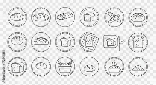 Various bread illustrations featuring different shapes and styles, arranged in circular frames.