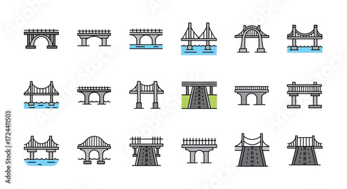 Collection of diverse bridge designs, illustrated in a simple, linear style.
