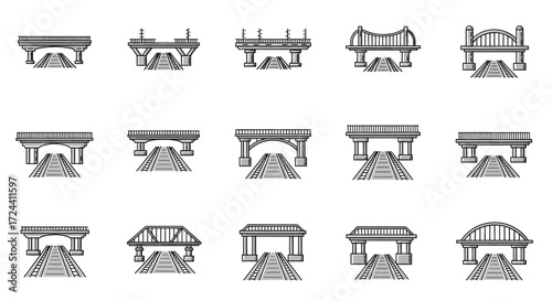 Collection of fifteen different bridge designs with railway tracks, presented in a grayscale, illustrative style.