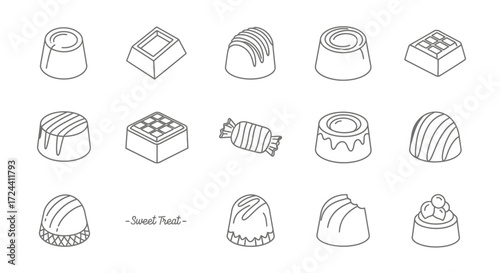 Line art illustrations of various types of chocolates and candies.