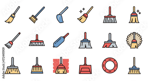 Collection of various cleaning brushes and brooms, in flat design style, for use in graphic design.