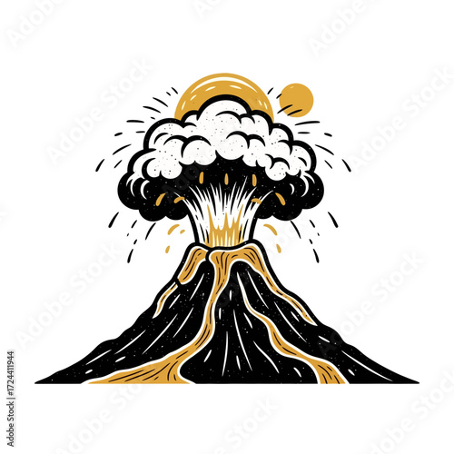 A stylized illustration depicts a powerful volcanic eruption, showcasing molten lava flowing down the mountain and a dramatic ash cloud reaching towards a radiant sun.