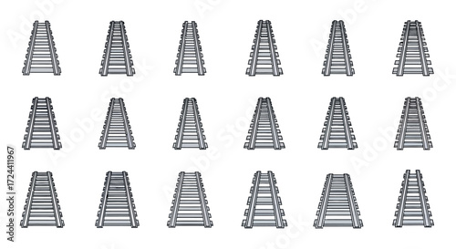 Various perspectives of gray train tracks, showing different angles and positions.
