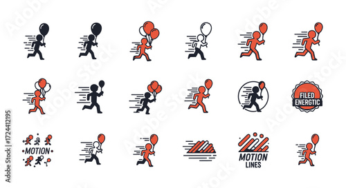 Collection of stylized running figures holding balloons, with motion lines indicating speed and movement.