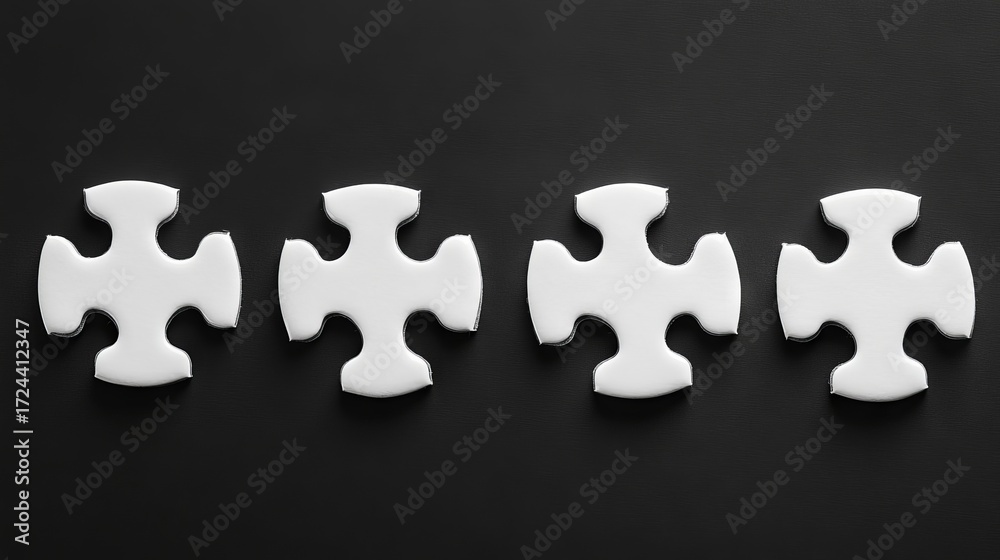 Fototapeta premium 16.Four white, interlocking puzzle pieces against a black background, symbolizing a solution to a problem. The puzzle pieces are evenly spaced, representing clarity, completion, and the final step