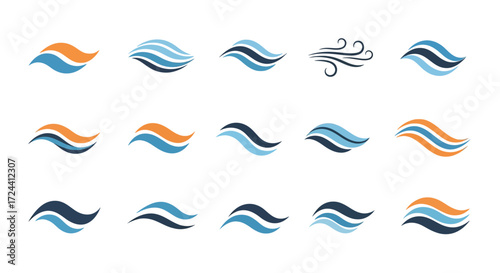 A collection of various stylized wave and wind graphic elements, perfect for design.