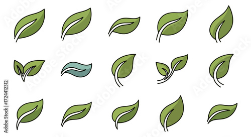 Collection of stylized green leaves in various shapes and orientations, isolated on a white background.