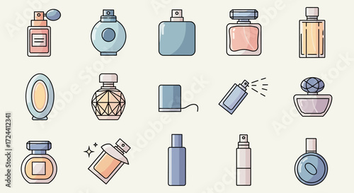 A collection of fifteen stylized perfume bottle icons in various shapes and colors on a light background.