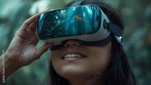 Immersive virtual reality experience with a woman wearing VR goggles showing an expression of wonder
