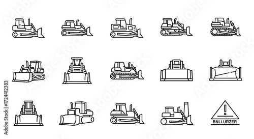 A collection of bulldozer icons in various poses and angles, presented as line art.