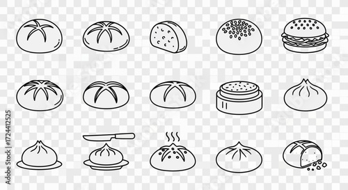 A collection of line art illustrations depicting various types of buns and dumplings, including preparation methods.