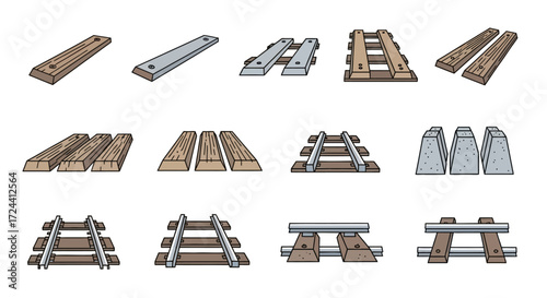 Various illustrations of railway tracks, sleepers, and related components.