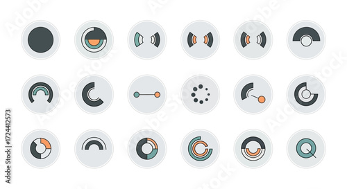Collection of minimalist circular progress indicators and data charts in muted tones.