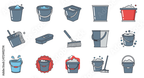 A collection of various cleaning tools and buckets filled with soapy water, presented as icons.