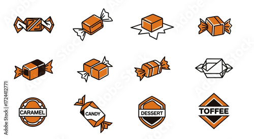 A collection of illustrated caramel and toffee candies and related logo designs.
