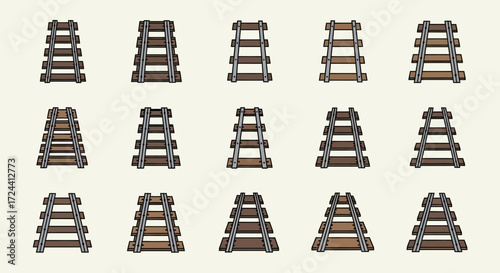 A collection of various railroad tracks, each with unique color and design, presented in a grid.