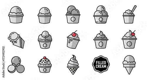 Collection of ice cream icons in cups and cones, featuring various toppings and styles, in grayscale.