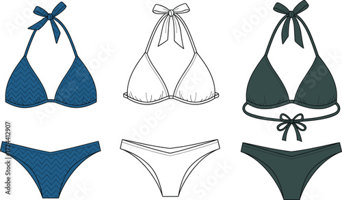 Fashion flat technical sketch of a bikini swimsuit with a halter neck top and tie-side bottoms, vector illustration, CAD drawing.