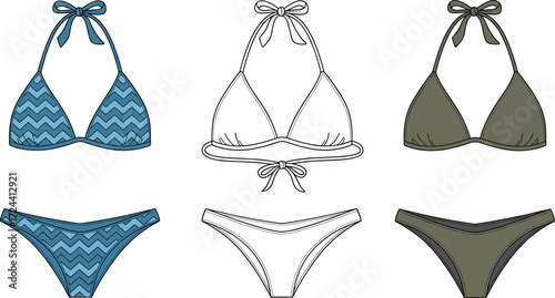 Fashion flat technical sketch of a bikini swimsuit with a halter neck top and tie-side bottoms, vector illustration, CAD drawing.