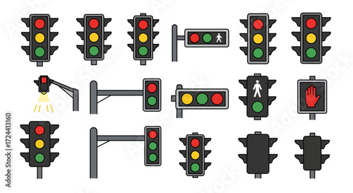 Various traffic light illustrations in different configurations, showing red, yellow, and green lights, pedestrian signals, and support structures.