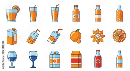 Collection of various orange juice beverages and related illustrations, in a flat design.