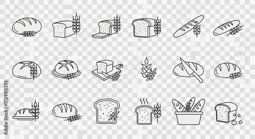 Line art illustration of various bread types, including loaves, slices, and baguettes, accompanied by wheat stalks.