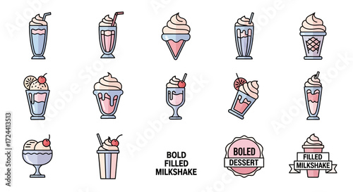 Collection of various milkshake illustrations, featuring different styles and toppings.