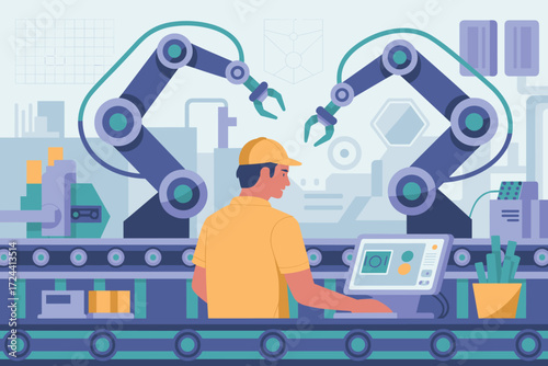 Automation Maestro: An illustration depicts an industrial worker expertly overseeing an automated production line, demonstrating the synergy between human intelligence and advanced robotics. 