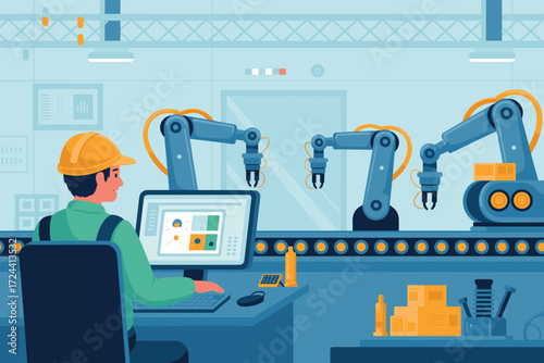 Production Line Maestro: A technician, deeply immersed in the automation of industrial processes. He oversees a dynamic production line where robotic arms meticulously assemble and package.
