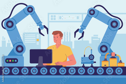 Automation Supervisor at Work: A skilled supervisor diligently monitors the automated production line, guiding the robots in a technological and futuristic workplace.