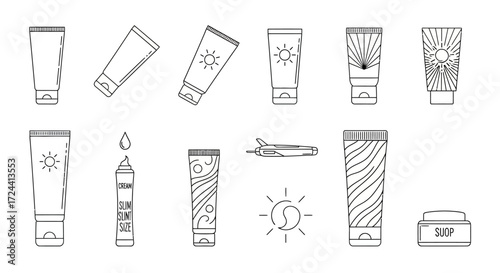 Line art illustration of various sunscreen tubes and bottles, showcasing different designs and packaging.