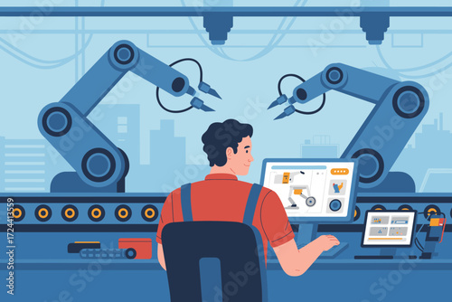 Technological Ingenuity: A dedicated operator monitors a manufacturing production line, collaborating with robotic arms to ensure efficiency and precision, demonstrating technological advancements