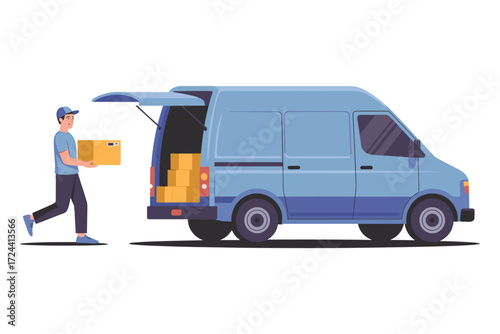 Delivery Services: The animated courier diligently delivers packages. The van, ready and fully loaded, reflects the convenience of rapid shipment and e-commerce. 