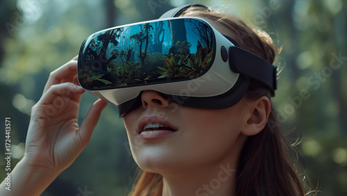 Immersive virtual reality experience with a woman wearing VR goggles showing an expression of wonder