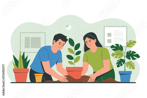 Cultivating Shared Growth: A couple engaging in the tranquil act of planting a new plant, symbolizing the growth and nurturing of their shared bond.