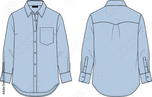 Men's classic dress shirt flat sketch technical drawing vector illustration. Long-sleeve button-down shirt design with pocket for apparel.
