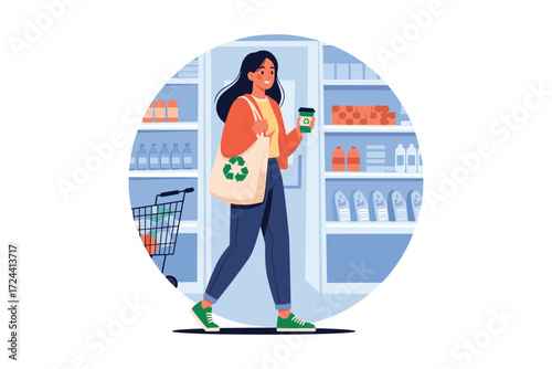 Eco-Shopping: A woman strides confidently through a modern supermarket aisle, carrying a reusable shopping bag emblazoned with an eco-symbol, and a coffee cup.
