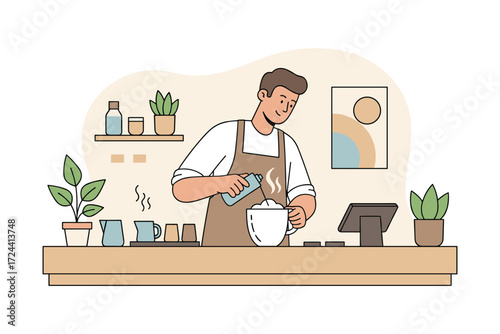 Crafting Coffee: A skilled barista diligently pours fresh-steamed milk into a mug of robust, dark espresso. This image highlights the artistry and passion behind crafting the perfect cup of coffee.