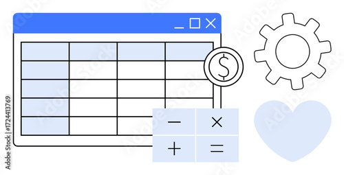 Spreadsheet with highlighted rows, calculator symbols, dollar sign, gear, and heart. Ideal for finance, productivity, management optimization analysis planning and teamwork. Simple flat metaphor