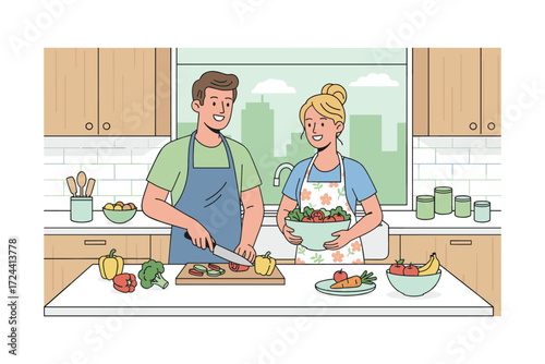 Preparing a Culinary Symphony: A vibrant illustration showcases a couple joyfully preparing a meal together in a modern, inviting kitchen space. Featuring various fresh vegetables and fruits.