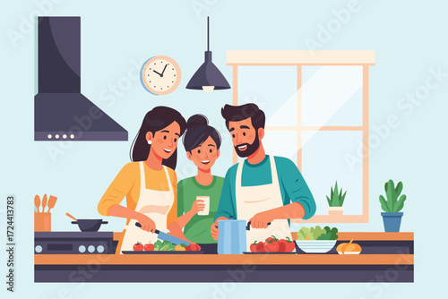 Culinary family : A heartwarming illustration depicts a family engaging in the shared joy of cooking together in their modern kitchen.