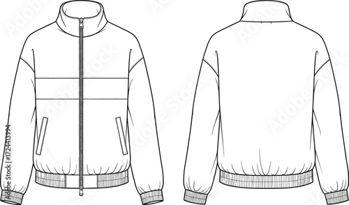  Padded bomber jacket flat sketch technical drawing vector illustration. Modern casual jacket design with ribbed hem and collar.