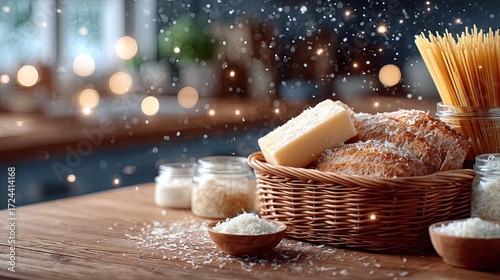 Artisanal Pasta Display with Woven Basket Rice and Twine Spaghetti in Warm Tones and Bokeh Lighting for Culinary Concept on Wooden Table