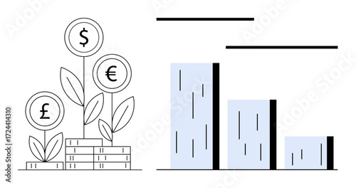 Growing plants with dollar, euro, and pound icons on coins signifying investment, next to a falling bar chart. Ideal for economy, growth, investment, business analysis, decline sustainability