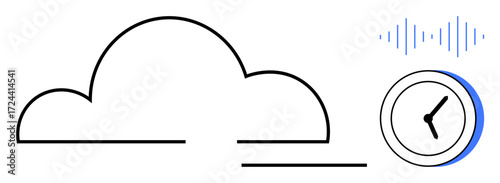 Cloud outline next to a clock and soundwave visualization. Ideal for technology, cloud computing, data storage, time tracking, digital audio, communication, and workflow planning themes. A simple