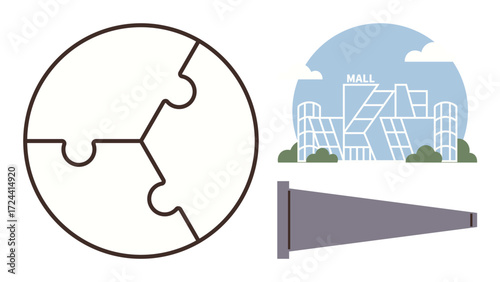 Circular puzzle representing connectivity, mall building symbolizing commerce, and triangle cone for direction or caution. Ideal for community, retail, strategy, planning, teamwork, business