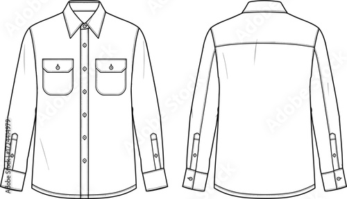 Fashion flat technical sketch of a long-sleeve utility shirt with double chest pockets and pointed collar, apparel design, vector illustration, CAD drawing.