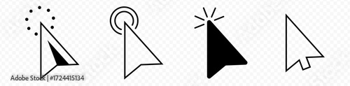 Computer mouse cursor icons. Cursors containing pointer, arrow and hand symbol with pixelated form. Transparent vector illustration.