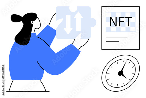 Woman inspecting puzzle piece with bidirectional arrows, an NFT document, and a clock. Ideal for blockchain, digital assets, time management, problem solving, analysis strategy innovation. A simple